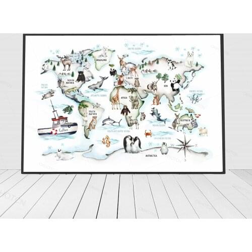 Animals World Map Wall Pictures for Kids Room Nursery Children Posters and Print Art Baby Home Decoration Unframed