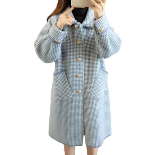 New Autumn Winter Gold Mink Knitted Cardigan Womens Long Sweater Overcoat Long Sleeve Plus Size Woolen Plaid Sweaters Outerwear