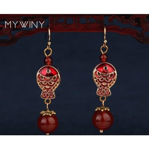 2 colors MYWINY New fashion jewelry Cloisonne double fish earrings blue, Chinese wind enamel Aveturine ethnic earrings red