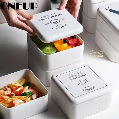 ONEUP Japanese Style Lunch Box New 2 Layers Simple Portable Bento Box Salad Food Containers With Spoon Chopsticks Microwaveable
