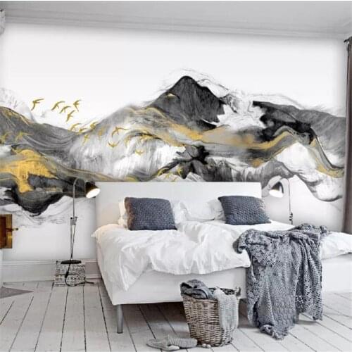 Custom papel de parede 3d Wallpaper Flying Birds New Chinese Abstract Golden Ink Landscape TV Background Wall paper papier peint