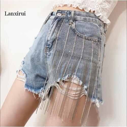 Lanxirui Hot Pants Summer New Korean Womens Wide Legs Hot Drilled Holes High Waist Loose Fringed Jeans Shorts Girls Lady