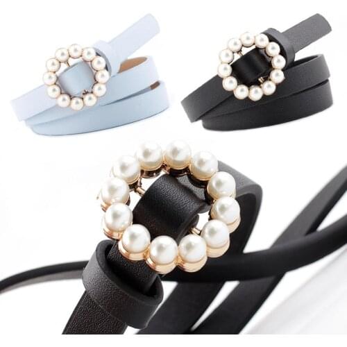 Fashion Pearl Decorative Belt Ladies Belt Round Pin Buckle Pearl Belts Womens Casual Solid PU Leather Thin Belt