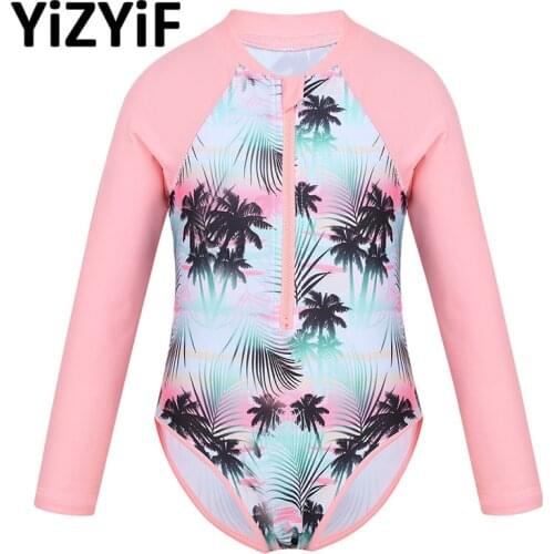 One piece swimsuit Girls Swimwear Long Sleeves Palm Printed Zippered Swimsuit Bathing Suit Rash Guard Children Swimming Suits