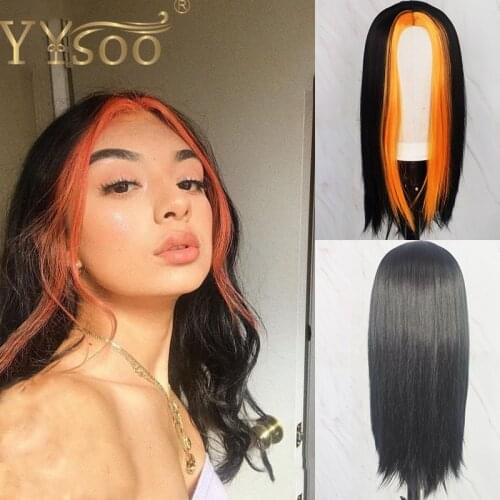 YYsoo Natural Straight Black Highlights Orange Cosplay Wigs Machine Made Synthetic Wigs for Women Heat Resistant Replacement Wig