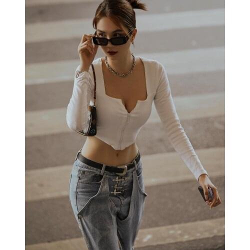2021 New Style Women Fashion Long Sleeve Zipper T-Shirts Solid Color Slim Crop Top for Ladies Female Spring Top Streetwear