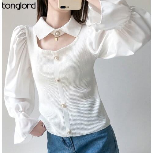 Autumn Clavicle Hollow Out Turn Down Collar Sweater Shirt Women Patchwork Button Puff Flare Sleeve Knitted Tops Female Slim Top