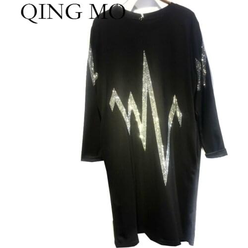 QING MO Long Sleeve Women Rhinestone Dress 2021 Autumn New Women Lightning Printed Dress Female Black T Shirt Dress ZQY5441
