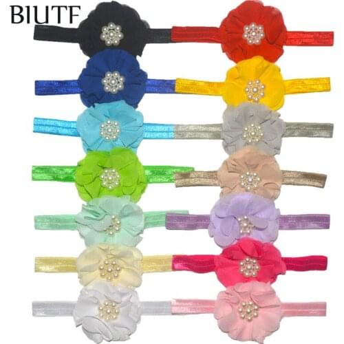 14pcs/lot Elastic Headband with 3 inch Pearl Beaded Chiffon Flower Fashion Hair Accessories HB033
