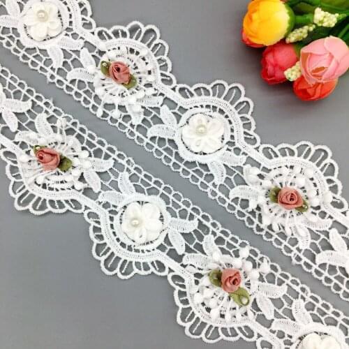 2 yard 3D Flower Pearl Soluble Waving Lace Trim Wedding Dress French Fabric Ribbon Sewing Embroidered Child Applique Craft