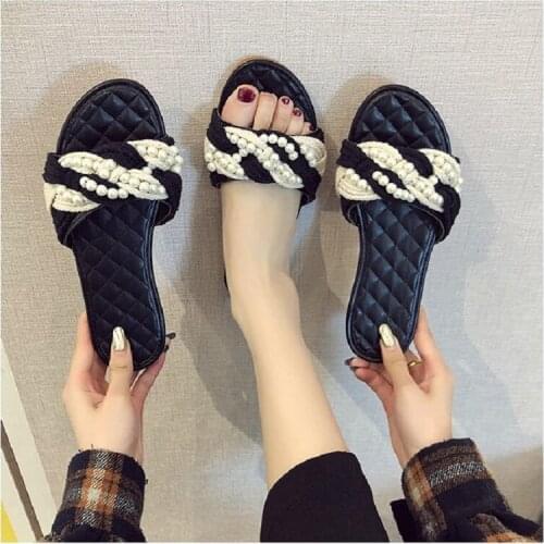 2020 Summer Fashion Outsides Slippers Girls Beach Black Pearl Twist Braided Open Toe Slippers Flat Casual beach shoes