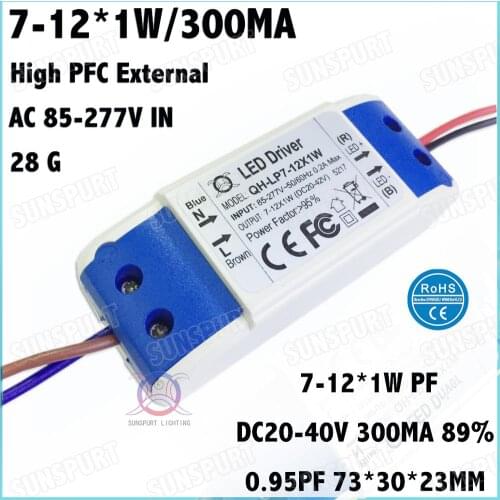 5-20 Pieces External High PF>0.95 12W AC85-277V LED Driver 7-12Cx1W 300mA DC20-40V Constant Current For Spotlights Free Shipping