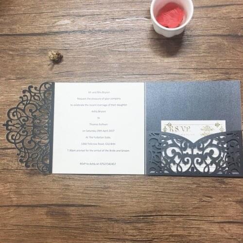 50sets Laser cutting black elegant invitation card printing with pocket elegant handmade wedding invitations with envelop