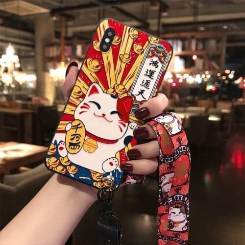 3D Embossed Phone Case for iPhone X XS XR 11 12 Pro MAX 6 7 8 Plus SE2 Capa Soft Back Covers Lucky Money Pig Matte Cases Lanyard
