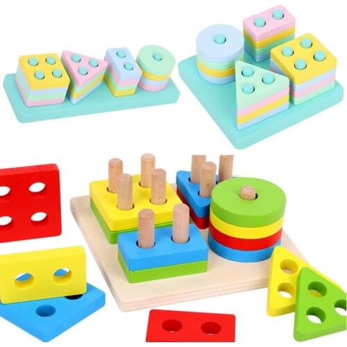 Baby Montessori Toy Wooden Building Blocks Intelligence Puzzle Board Shape Matching Early Learning Educational Toys for Kids