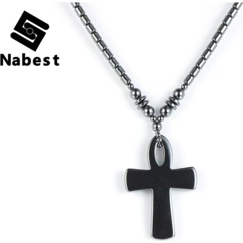 Men Women Hematite Cross Geometric Pendant Necklace Clavicle Chain Natural Stone Necklaces Choker Punk Hip Hop Scripture Jewelry