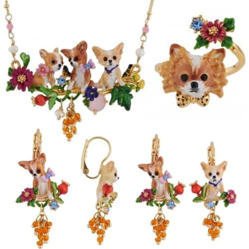 Europe and America Chihuahua Series Enamel Glaze Corgi Puppy Pink Flower Green Leaf Clavicle Necklace Earrings Ear Clip Ring