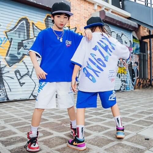 Blue Jazz Dance Costume Kids Hip Hop Practice Wear Street Dance Printing Stage Performance Clothing Hip Hop Rave Clothes