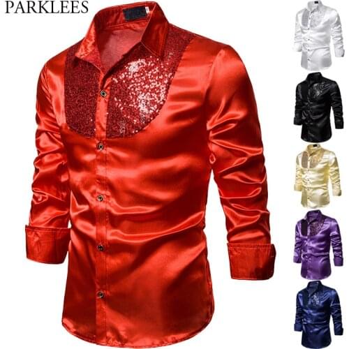Red Sequin Glitter Silk Shirt Men 2020 Fashion Stage Prom Dance Mens Dress Shirts Party Wedding Groom Satin Patchwork Shirt Male