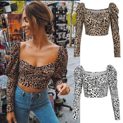 Summer New Fashion Womens Sexy U-Neck Leopard Print Long Sleeve T-Shirt Streetwear Shirts