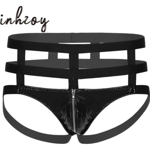 Mens Lingerie G-String Thong Underwear Bulge Pouch Backless Briefs Panties Patent Leather Zipper Open Front Sexy Underpants