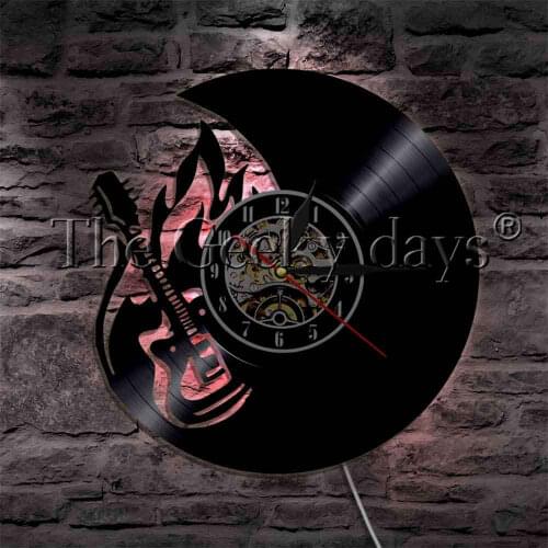 Flaming Guitar Musical Instrument LED Night Light Vinyl Record Wall Clock Modern Wall Lamp Rock N Roll Lover Gift