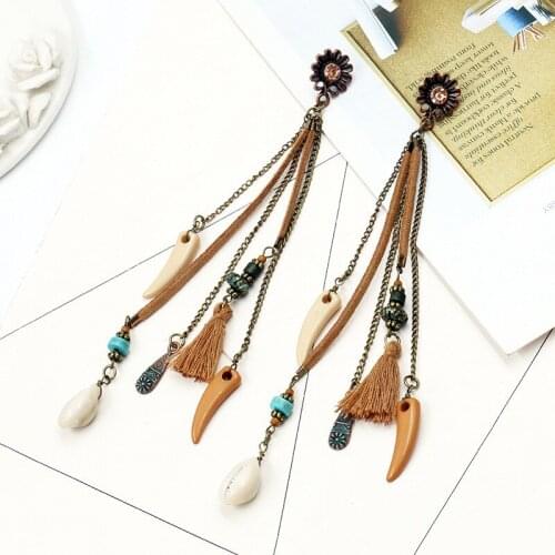 New Brown Long Tassel Earrings For Women Bohemian Ethnic Natural Shell Horn Sun Flower Dangle Earrings Fashion Summer Jewelry