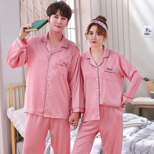 JULYS SONG 2 Pieces Autumn Women Sleepwear Faux Silk Satin Couple Pajamas Set Long Sleeve Striped Pajamas for Women Pyjamas