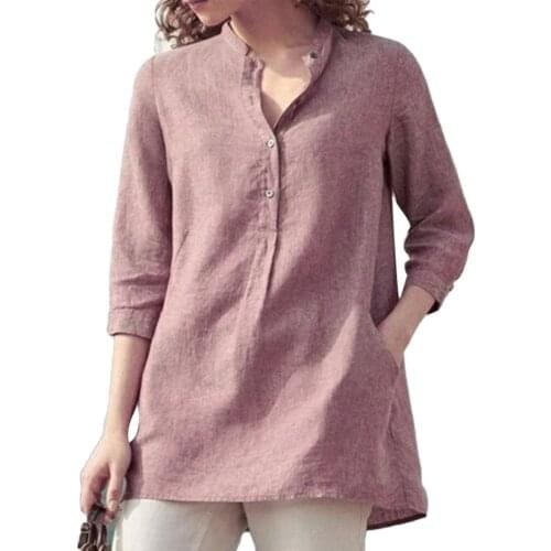 Casual Women Solid Color 3/4 Sleeve Pockets Buttons Cotton Linen Plus Size Shirt