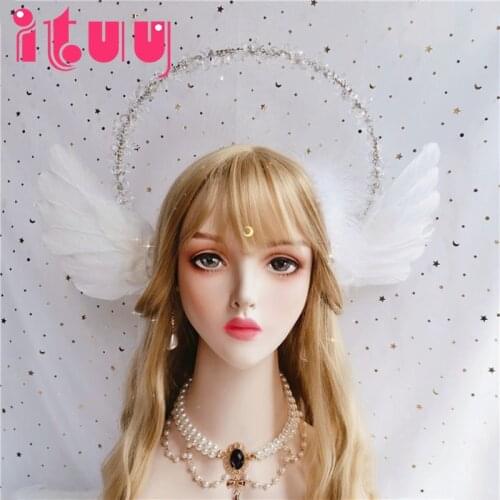 Handmade Angel Feather Wings Crystal KC Crown Headband Lolita Sun Apollo Halo Retro Deity Gorgeous Hair Ornament