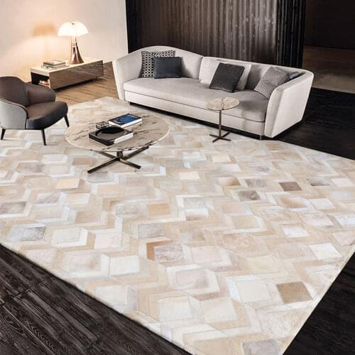 Luxury Cowhide Mosaic Rugs and Carpets for Home Living Room Coffee Table Floor Mat Bedroom Bed Modern Area Rug Customized