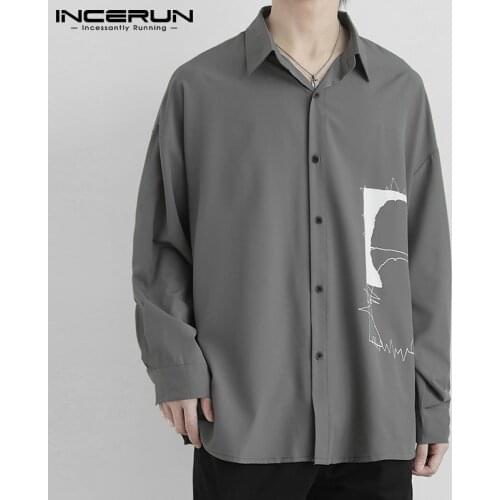 INCERUN Men Shirt Printed Long Sleeve 2021 Turn Down Collar Loose Streetwear Leisure Camisa Masculina Korean Casual Shirts 7