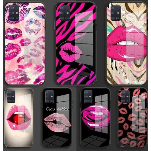 Pink Sexy lips Soft Silicone Glass Case For Samsung Galaxy A10 A20 A30 A40 A50 A70 A31 A51 A71 Balck Cover
