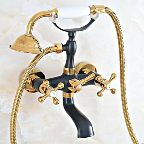 Black Gold Bathtub Faucet Wall Mount Handheld Bath Tub Mixer System with Handshower Telephone Style zna459