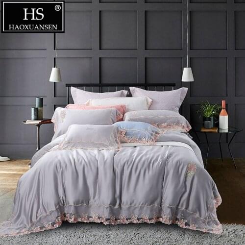 High-density Grey 100% Tencel Lyocell Lace 4 Piece Bedding Sets Super Soft Breathable Princess Duvet Cover Set Queen King Size