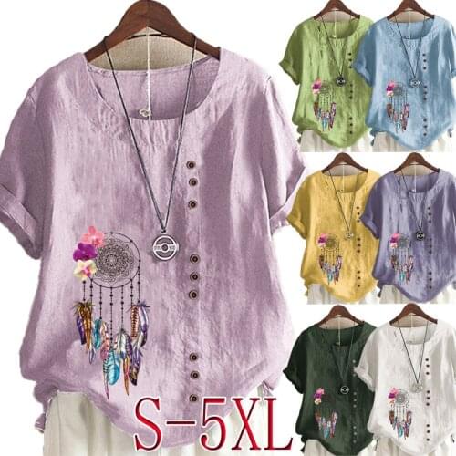 Womens Fashion Linen Shirt Wind Chime Printed T-shirt Summer Short Sleeve Tops O-neck Loose Blouse S-5XL