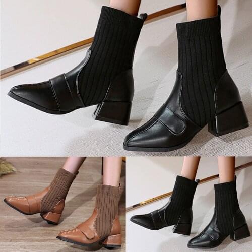 2021 Womens Shoes Round Toe Elastic Stockings Thick Heel High Heel Ankle Boots Fashionable Design Casual Shoes Chaussure Femme