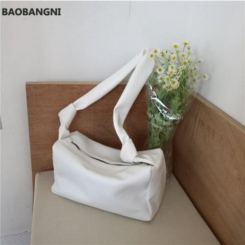 New Womens Fashion Knotted Single Shoulder Underarm Bags Leisure Soft Leather Pillow Handbags Wide Strap Solid Flap Bags