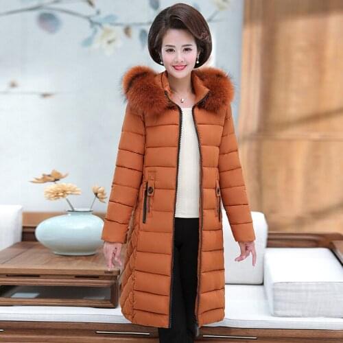 Womens Winter Jacket Fashion New Slim Cotton Jacket Long Large Fur Collar Cotton Jacket Thickening Thin Temperament Mother Wear