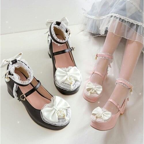 OLOMLB Womens Lolita Round Toe Bowknot Pearls Lace Kawaii Cosplay Shoes Sandals Block Heel Plus Size 34-43 Mary Janes New 2021