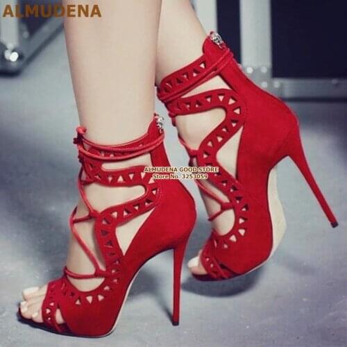 ALMUDENA Red Suede Caged Sandals Thin High Heel Cut-out Lace-up Shoes Open Toe Net Cross Strappy Wedding Pumps Big Size47 Shoes