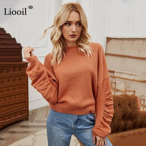 Casual Knitted Short Sweater Woman 2020 Autumn Winter Ruched Long Sleeve O Neck Female Solid Color Knitwear And Pullovers