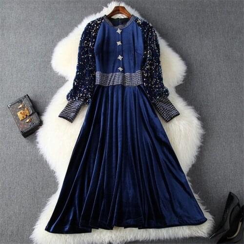 2019 Woman Clothes Winter Lantern Sleeve Sequined Aline Mid Calf Party Velvet Dress High Quality Autumn Runway Dress Designers