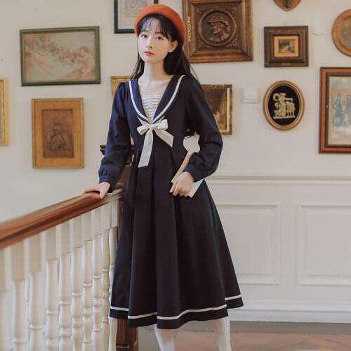 2020 HOT Sweet Autumn Long Sleeve Women Dress Preppy Style Vintage Bow dress Sailor collar Retro female dresses