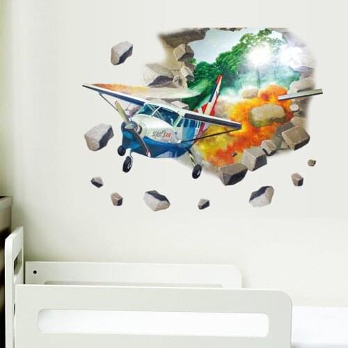 3D Broken Wall Helicopter Airplane Stickers For Living Room Bedroom Study TV Home Decor Art Wall Decals Poster Mural Decoration