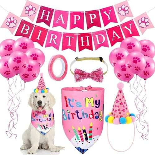 Handmade Pet Birthday Party Flag Banner Birthday Hat Bow Tie Dog Claw Balloon Dog Decorative Party Dress Up Set Dog Accesories