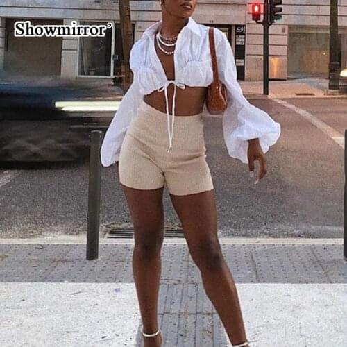 Showmirror High Street Women T-Shirts Simple Casual Bandage Cleavage Oversize Long Sleeve Polos V-Neck Streetwear Top