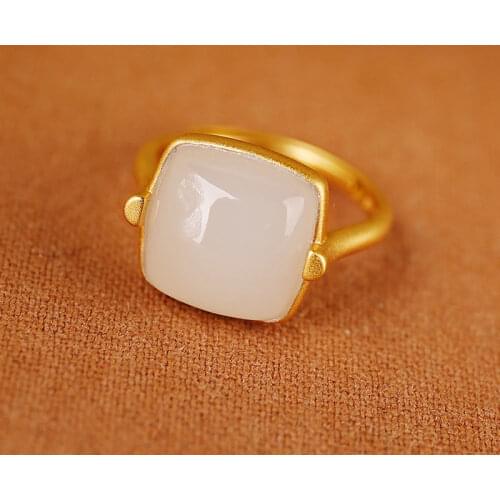 Natural Hetian Jade S925 Sterling Silver Ancient Jue Suet Square-Shaped High-Grade Grinding Openning Jade Ring