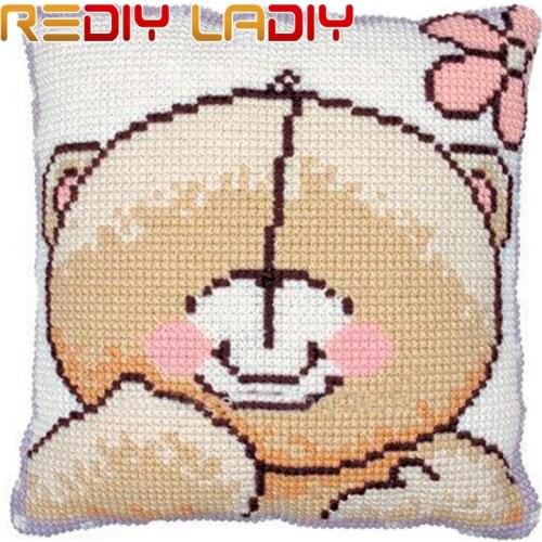 Cross Stitch Cushion Shy Teddy Bear Chunky Yarn Cross-Stitch Kits Needlework Pre-Printed Canvas Pillow Home Decor Arts & Crafts