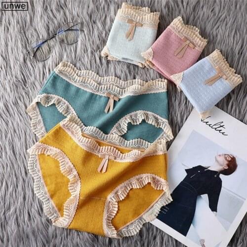Lace Trim Womens Cotton Panties Sweet Girls Mid Waist Briefs Breathable Antibacterial Ladies Cute Underwear